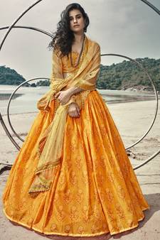 Mustard digital print organza semi stitched lehenga