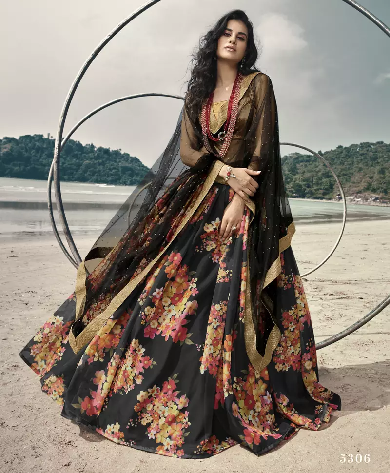 Black Floral digital printed organza semi stitched lehenga