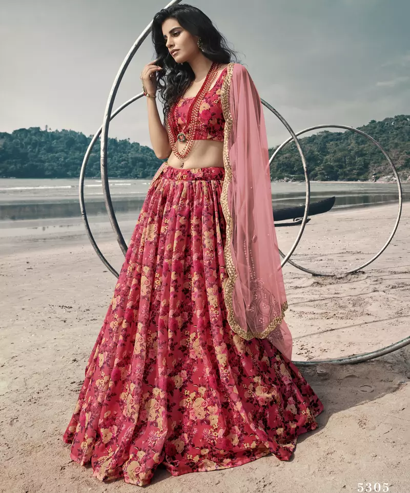 Red Floral digital printed organza floral Lehenga choli