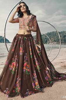 Catching Brown Floral Digital printed organza fabric Lehenga choli