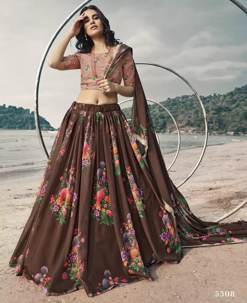Brown Floral Digital printed organza semi stitched lehenga