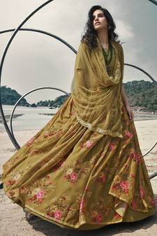Olive Green Floral Organza Designer Lehenga with Embroidered Choli