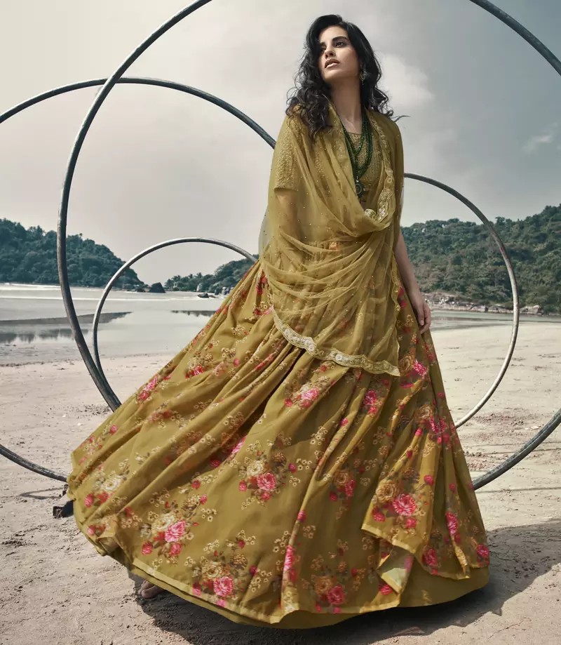 Olive Green Floral Organza Designer Lehenga with Embroidered Choli