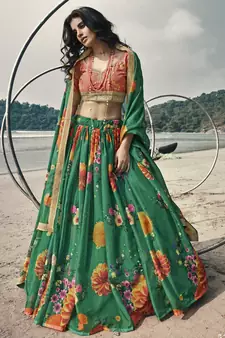 Glacial Green Floral Organza Designer Lehenga with Embroidered Choli