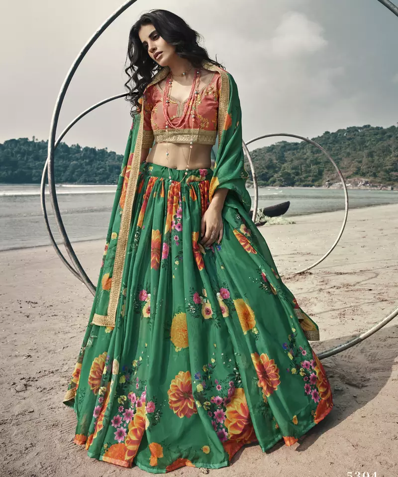Glacial Green Floral Organza Designer Lehenga with Embroidered Choli