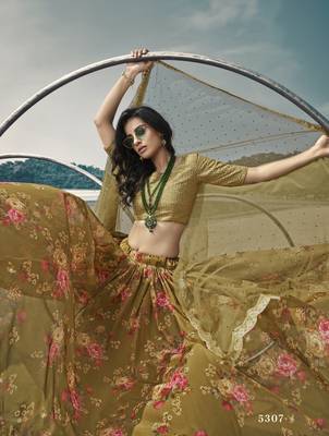 Delightful Olive Green Floral Organza Designer Floral Lehenga Choli 2