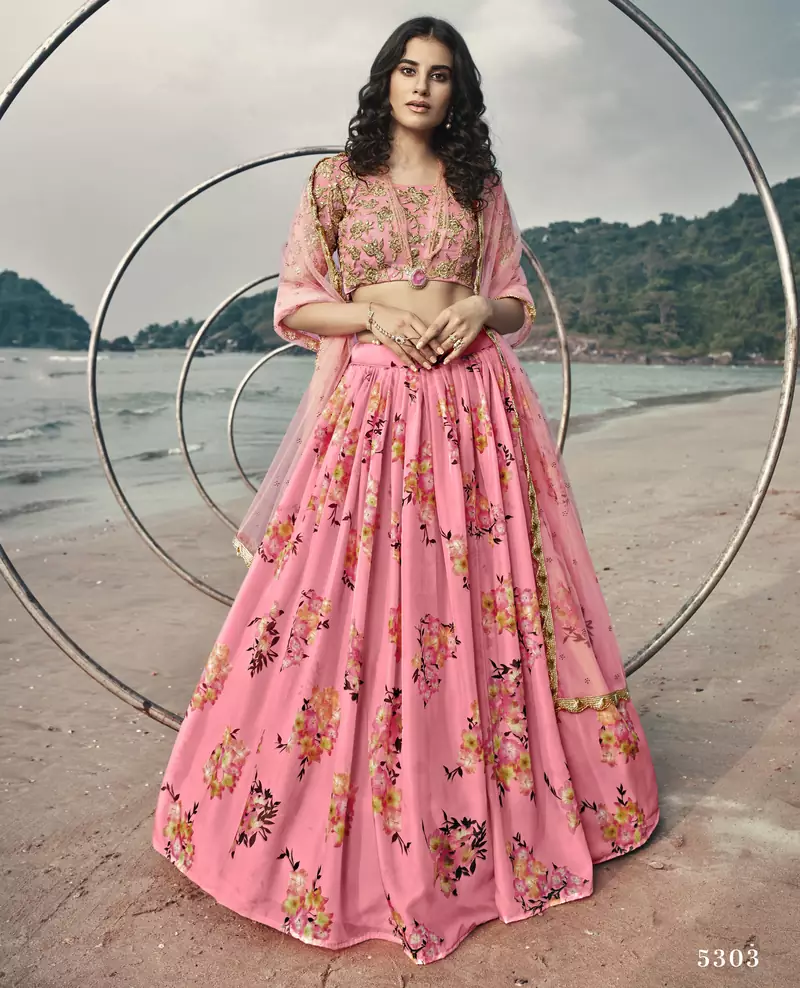 Pink Floral Organza Designer Lehenga with Embroidered Choli