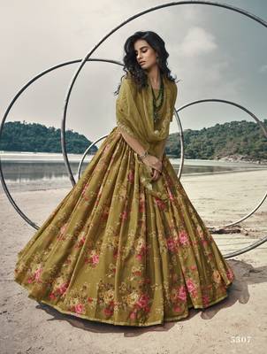 Delightful Olive Green Floral Organza Designer Floral Lehenga Choli 3