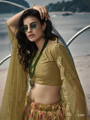 Delightful Olive Green Floral Organza Designer Floral Lehenga Choli 4