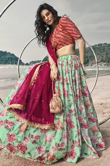 Glacial Green Floral Organza Designer Lehenga with Embroidered Choli