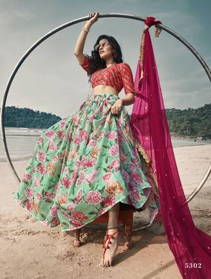 Glacial Green Floral Organza Designer Lehenga with Embroidered Choli 3