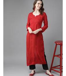 Hand Embroidered Red Georgette Lucknowi Chikan Women Kurta