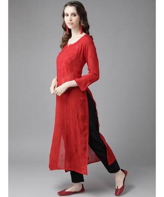Hand Embroidered Red Georgette Lucknowi Chikan Women Kurta 2