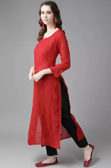 Hand Embroidered Red Georgette Lucknowi Chikan Women Kurta