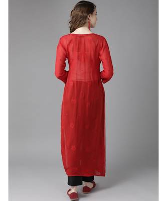 Hand Embroidered Red Georgette Lucknowi Chikan Women Kurta 3