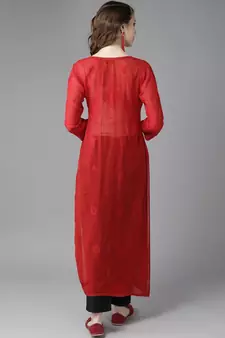 Hand Embroidered Red Georgette Lucknowi Chikan Women Kurta