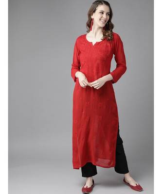 Hand Embroidered Red Georgette Lucknowi Chikan Women Kurta 4