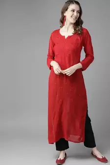 Hand Embroidered Red Georgette Lucknowi Chikan Women Kurta