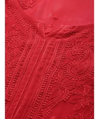 Hand Embroidered Red Georgette Lucknowi Chikan Women Kurta 5