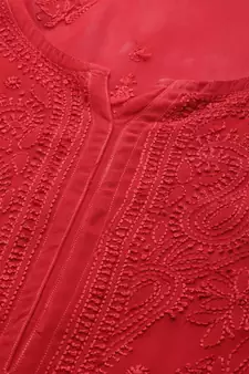 Hand Embroidered Red Georgette Lucknowi Chikan Women Kurta