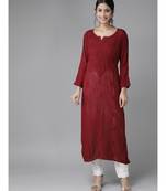 Hand Embroidered Maroon Georgette Lucknowi Chikan Women Kurta