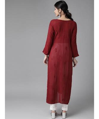Hand Embroidered Maroon Georgette Lucknowi Chikan Women Kurta 2