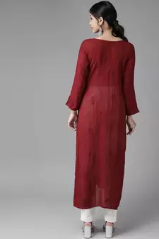 Hand Embroidered Maroon Georgette Lucknowi Chikan Women Kurta