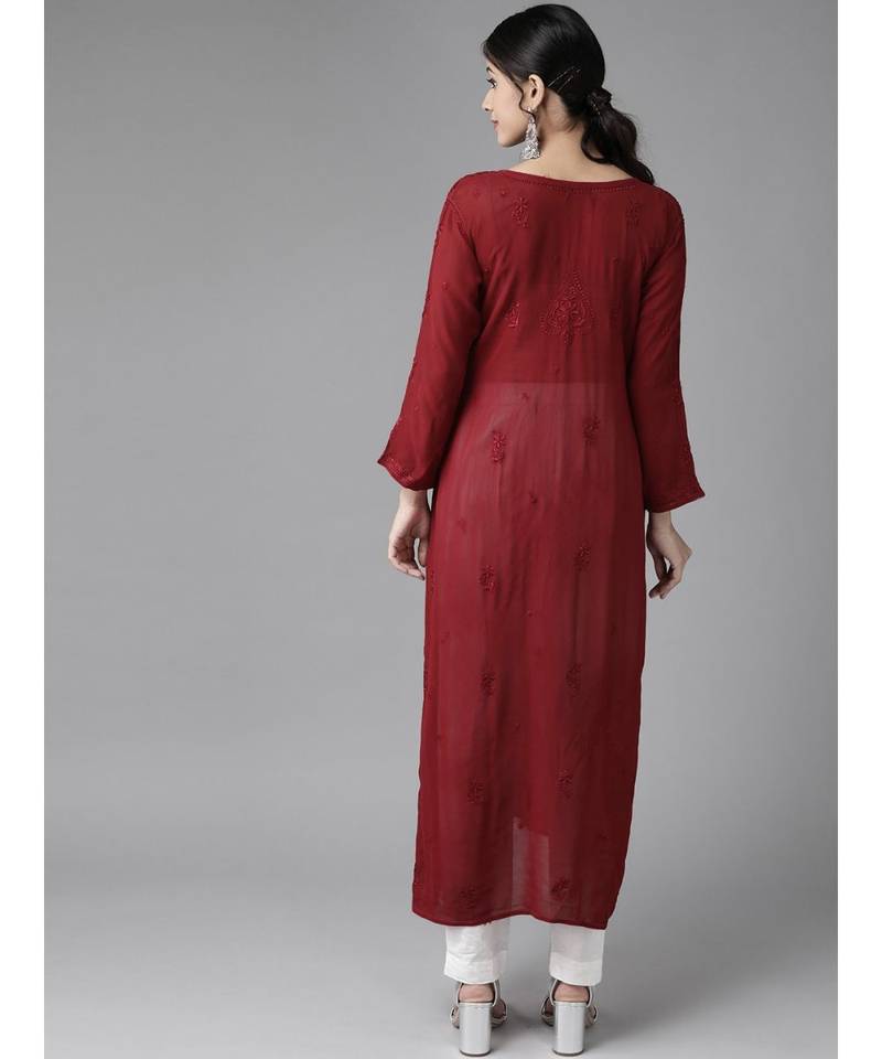 Hand Embroidered Maroon Georgette Lucknowi Chikan Women Kurta