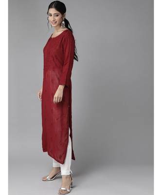 Hand Embroidered Maroon Georgette Lucknowi Chikan Women Kurta 3