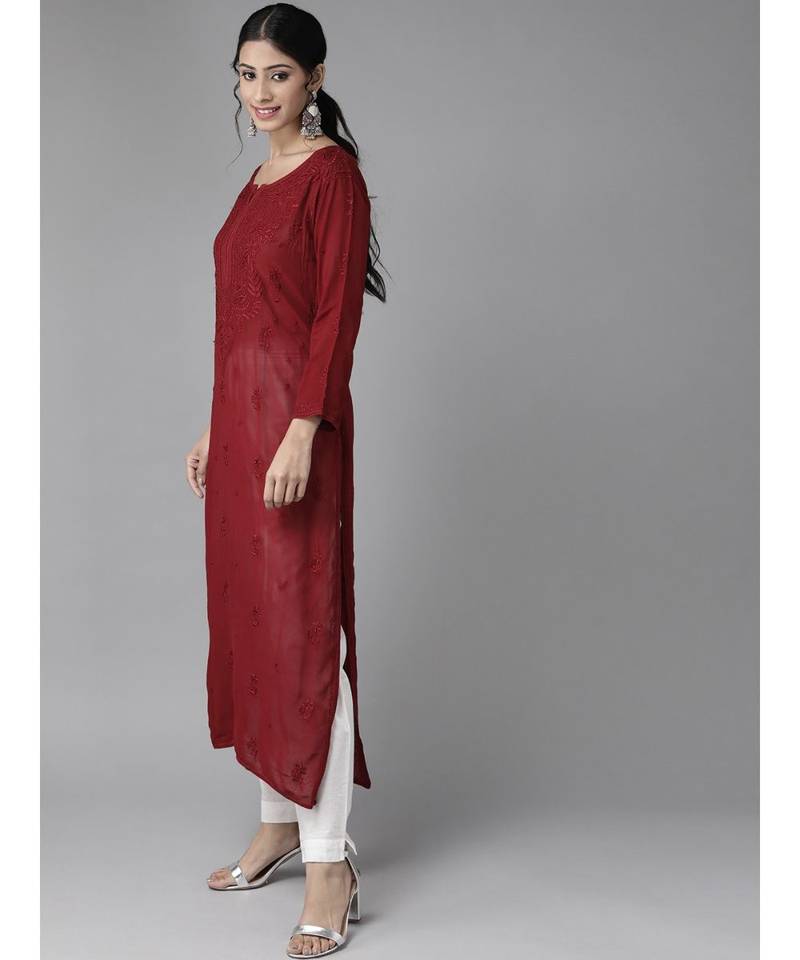 Hand Embroidered Maroon Georgette Lucknowi Chikan Women Kurta