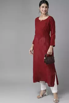 Hand Embroidered Maroon Georgette Lucknowi Chikan Women Kurta