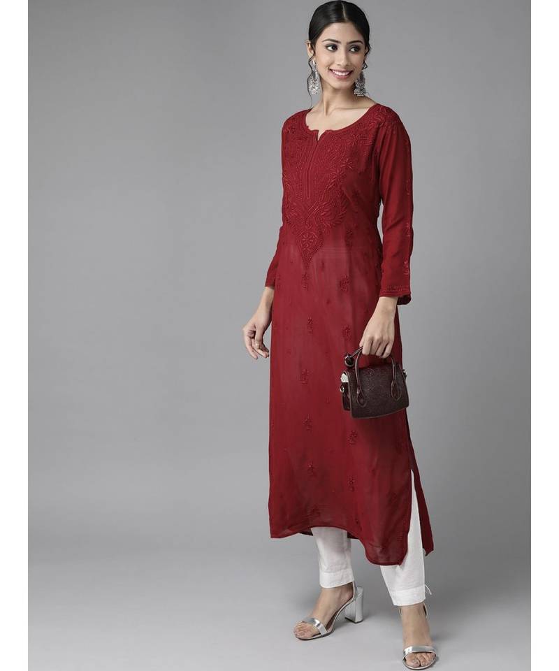 Hand Embroidered Maroon Georgette Lucknowi Chikan Women Kurta