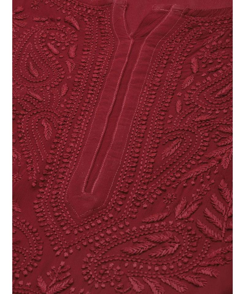 Hand Embroidered Maroon Georgette Lucknowi Chikan Women Kurta