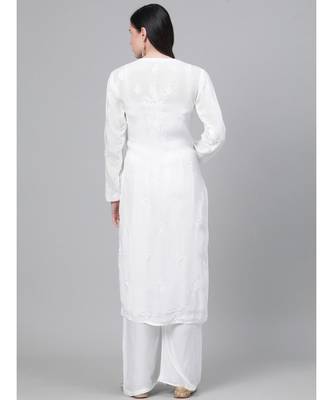 Ada Hand Embroidered White Muslin Lucknowi Chikankari Women Kurta - A411141 2