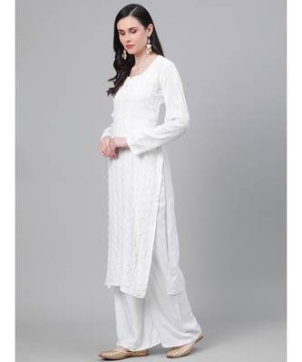 Ada Hand Embroidered White Muslin Lucknowi Chikankari Women Kurta - A411141 3