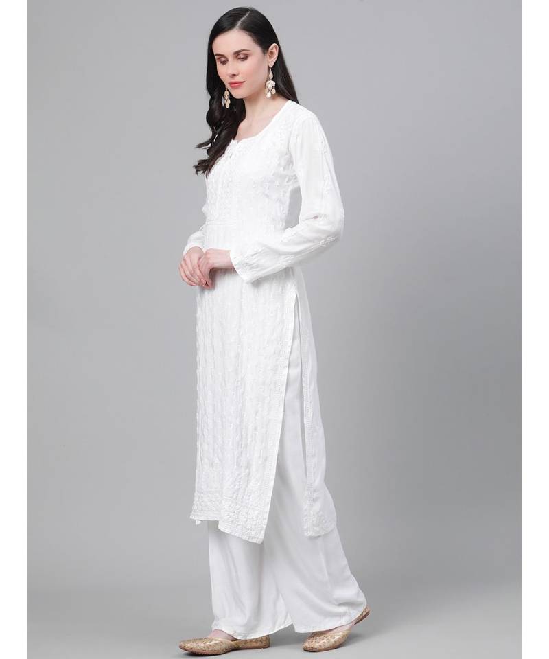 Ada Hand Embroidered White Muslin Lucknowi Chikankari Women Kurta - A411141