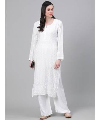 Ada Hand Embroidered White Muslin Lucknowi Chikankari Women Kurta - A411141 4