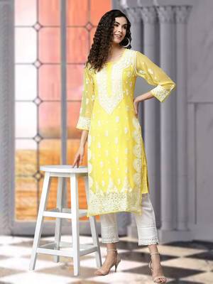 Hand Embroidered Yellow Georgette Lucknow Chikankari Women Kurta With Slip 1