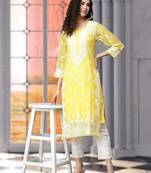 Hand Embroidered Yellow Georgette Lucknow Chikankari Women Kurta With Slip
