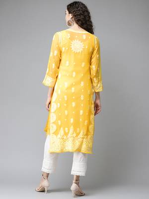 Hand Embroidered Yellow Georgette Lucknow Chikankari Women Kurta With Slip 2
