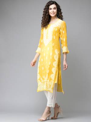 Hand Embroidered Yellow Georgette Lucknow Chikankari Women Kurta With Slip 3