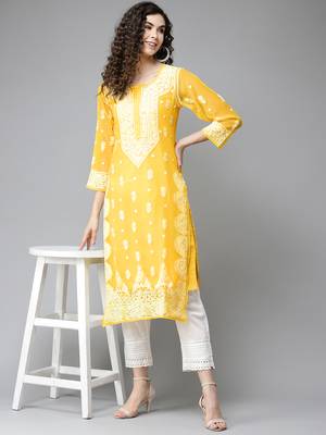 Hand Embroidered Yellow Georgette Lucknow Chikankari Women Kurta With Slip 4