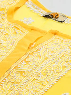 Hand Embroidered Yellow Georgette Lucknow Chikankari Women Kurta With Slip 5