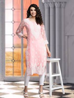 Hand Embroidered Peach Georgette Lucknow Chikankari Women Kurta With Slip 1