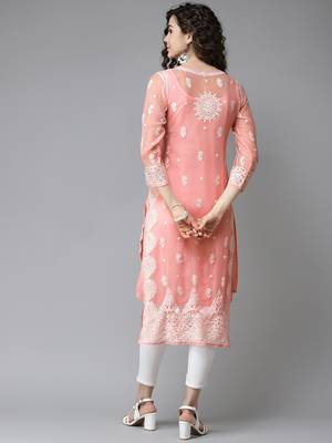 Hand Embroidered Peach Georgette Lucknow Chikankari Women Kurta With Slip 2