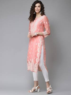 Hand Embroidered Peach Georgette Lucknow Chikankari Women Kurta With Slip 3