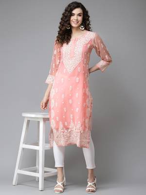 Hand Embroidered Peach Georgette Lucknow Chikankari Women Kurta With Slip 4