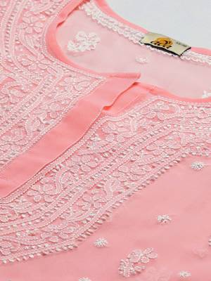Hand Embroidered Peach Georgette Lucknow Chikankari Women Kurta With Slip 5