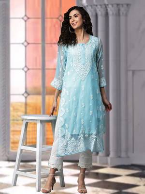 Ada Hand Embroidered Blue Georgette Lucknow Chikankari Women Kurta With Slip - A411200 1