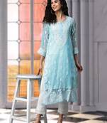 Ada Hand Embroidered Blue Georgette Lucknow Chikankari Women Kurta With Slip - A411200
